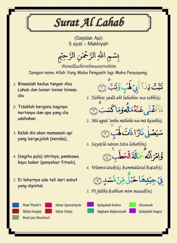 tajwid Surat Al Lahab ayat 1 sampai 5
